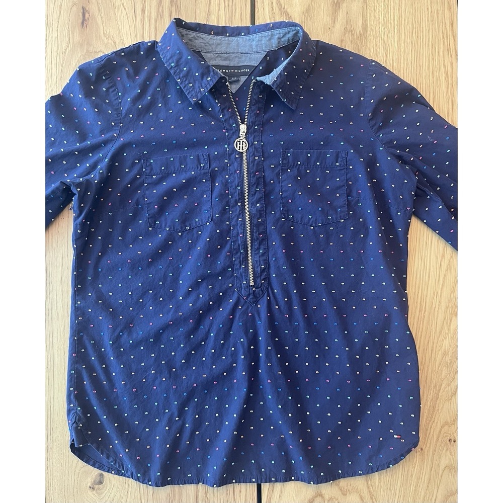 Tommy Hilfiger Shirt Women S/P Ladies Blue 1/2 Zip Textured Polka Dots‎ Shirt